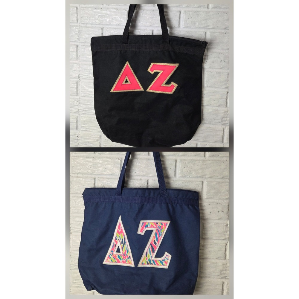 Lot of 2 Tote Bags DELTA ZETA DZ sorority Nylon Black/Pink Blue/Multi